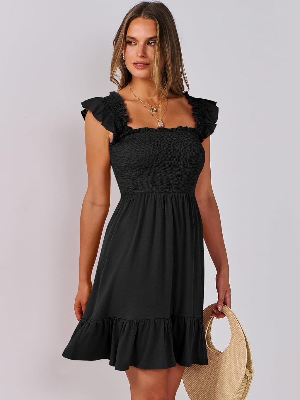 Women's Summer Casual Sleeveless Square Neck Dress 2026 Smocked Ruffle Backless Boho Beach Cute Teen Short Sundress