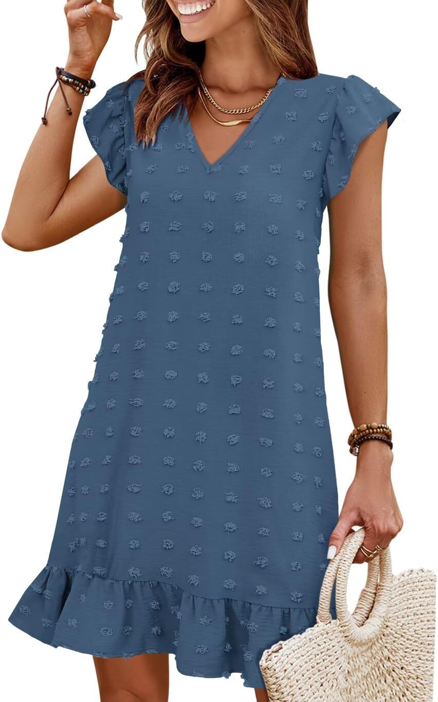 Summer Dresses for Women 2026 Beach Vacation Mini Sundress | Flutter Ruffle Cap Sleeves, V Neck, Ruffle Hem Shift Dress, Casual Loose Fit, Spring Wedding Guest Outfits