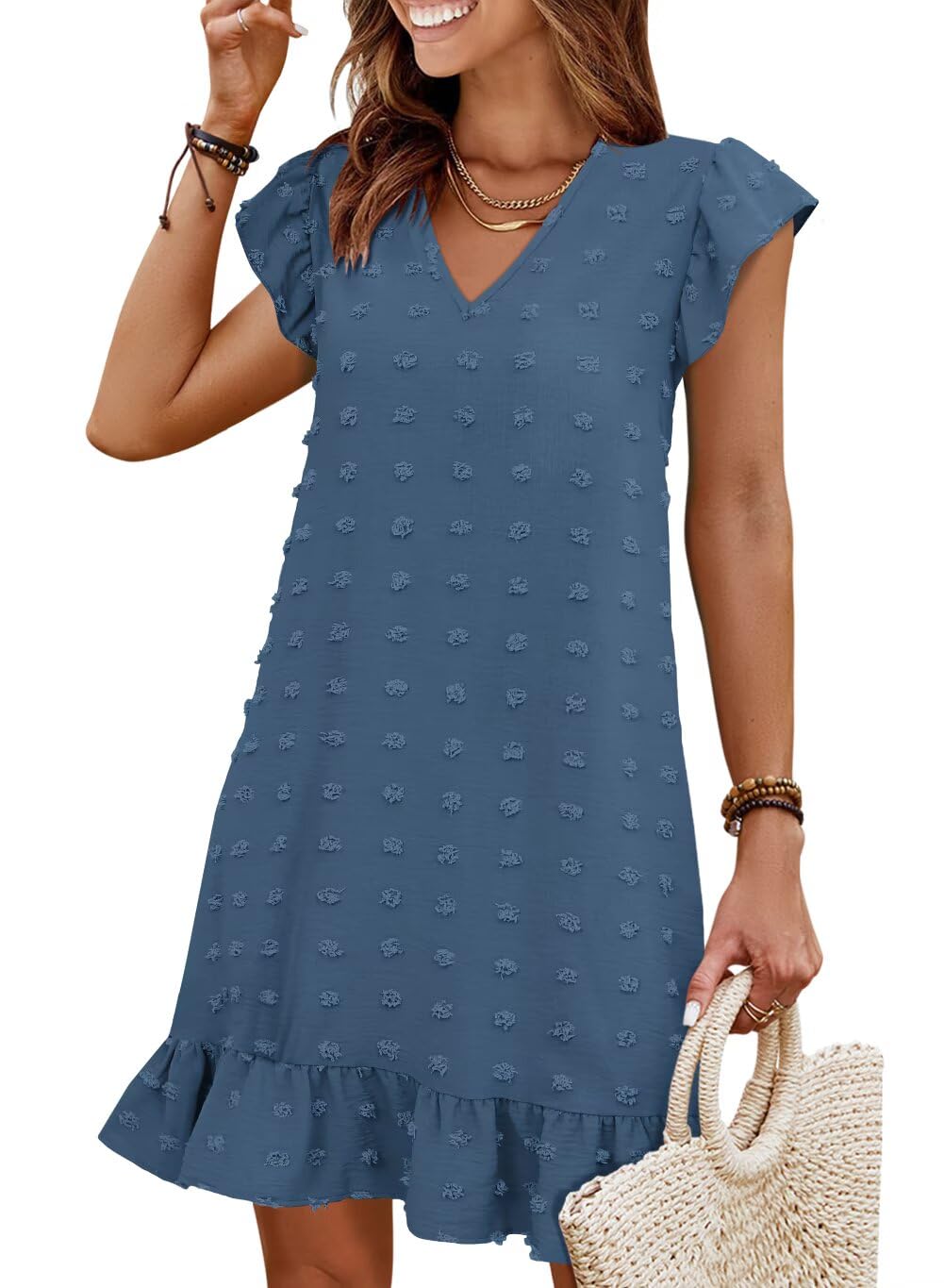 Summer Dresses for Women 2026 Beach Vacation Mini Sundress | Flutter Ruffle Cap Sleeves, V Neck, Ruffle Hem Shift Dress, Casual Loose Fit, Spring Wedding Guest Outfits