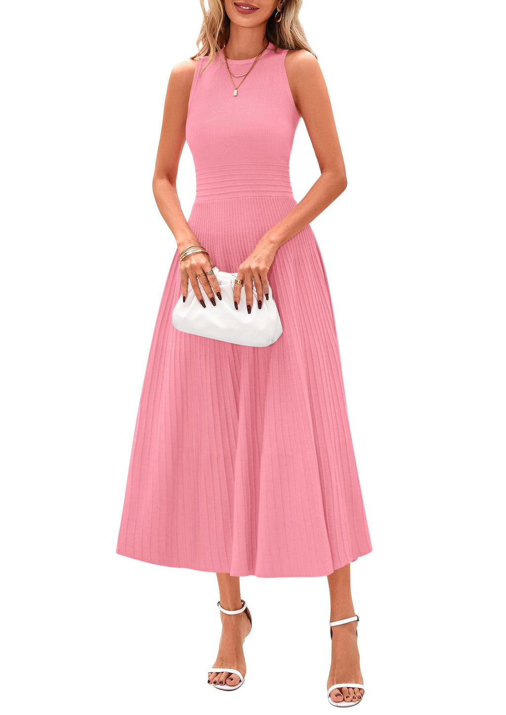 Women's Summer Pleated Midi Work Dress | Sleeveless A Line Knit Business Dresses, Spring Semi Formal Long Dress for Wedding Guest, Cocktail Party, Teacher Outfits