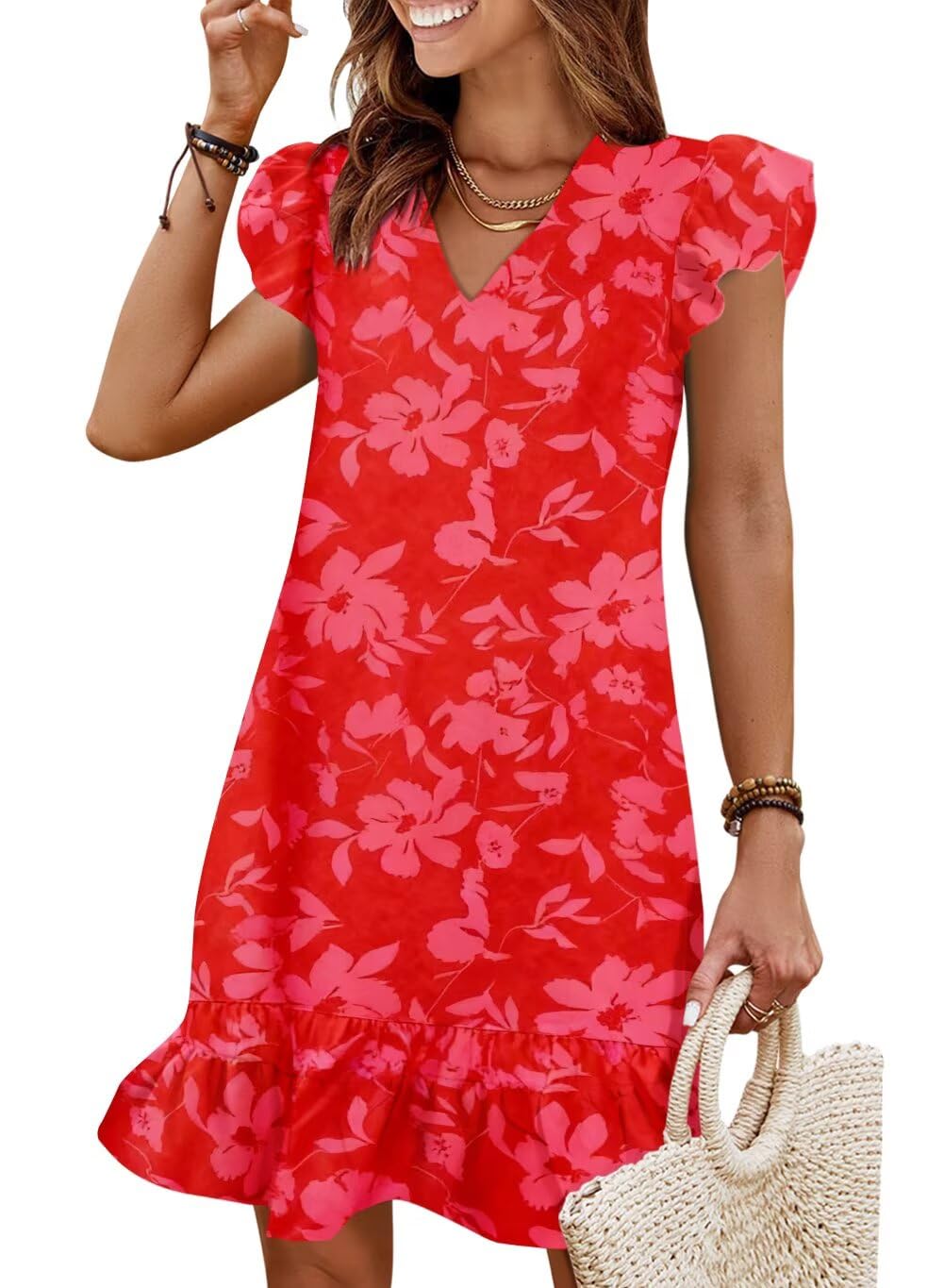 Summer Dresses for Women 2026 Beach Vacation Mini Sundress | Flutter Ruffle Cap Sleeves, V Neck, Ruffle Hem Shift Dress, Casual Loose Fit, Spring Wedding Guest Outfits