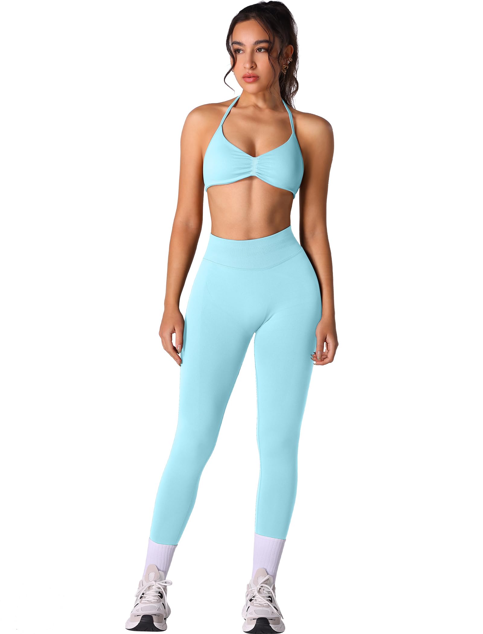 Workout Sets for Women 2 Piece Seamless Halter Sports Bra Scrunch Butt High Waist Leggings Gym Yoga Outfits