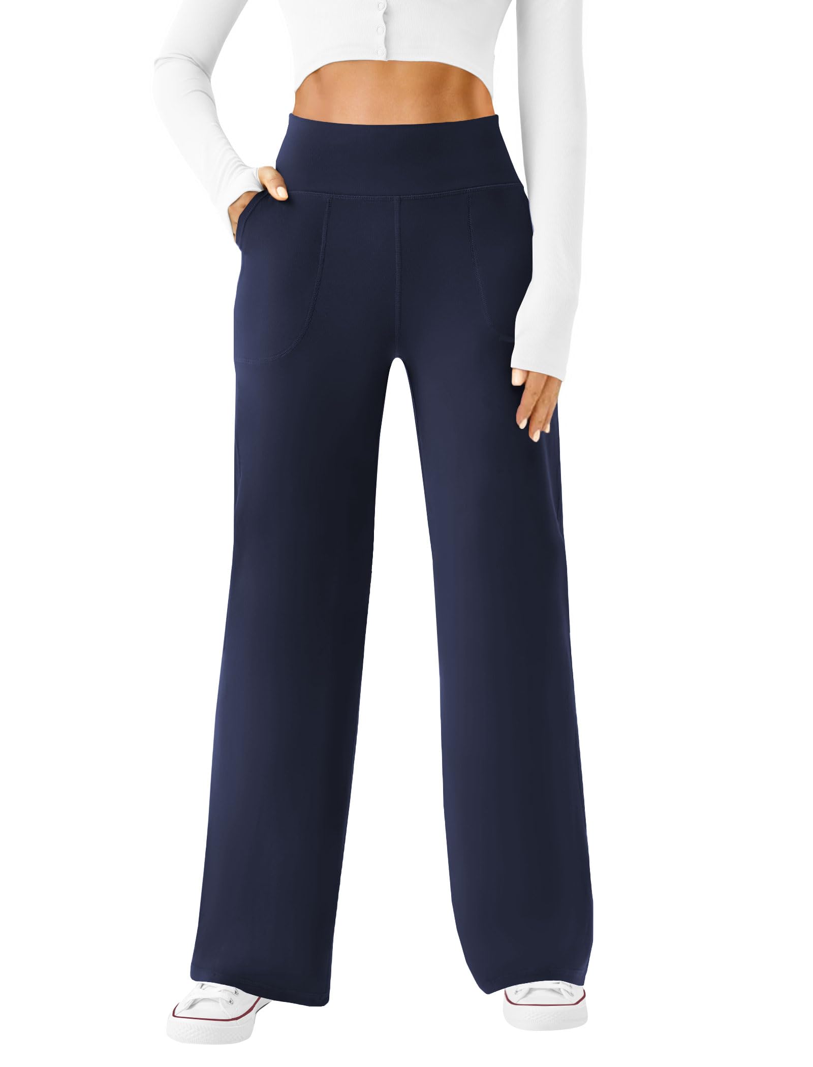 Womens Wide Leg Yoga Pants High Waist Casual Trousers with Pockets | Soft Stretchy Fabric, Two Pockets, Straight leg, Loose Dress Pants, Comfy Lounge Sweatpants for Yoga, Work, Travel, Workout