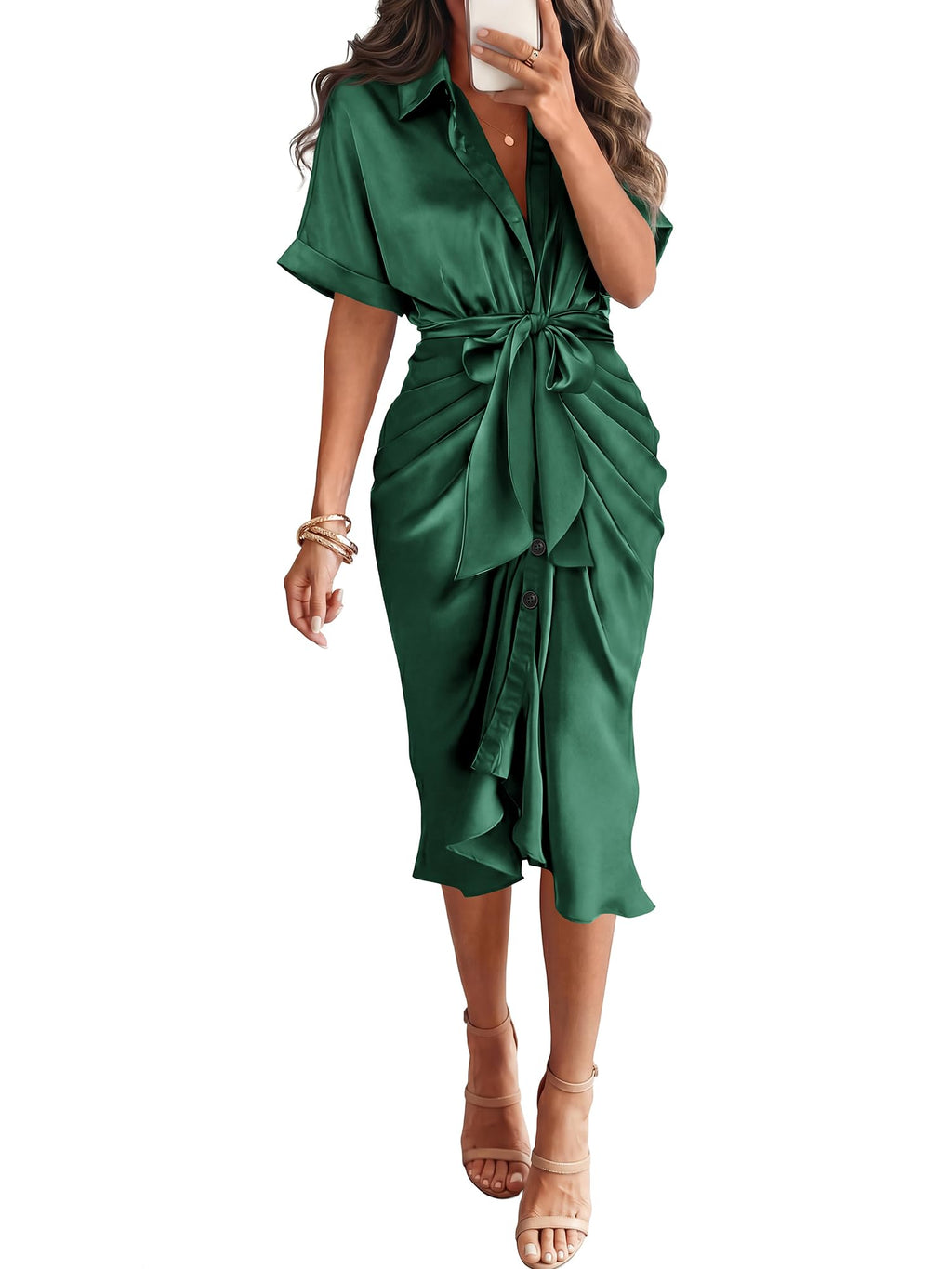 Dresses for Women Business Casual Outfits | Short Sleeve, Button Down, Lightweight, Silk Satin Dress, Ruched, Tie Waist, Cocktail, Party, Wedding Guest, Work Clothes