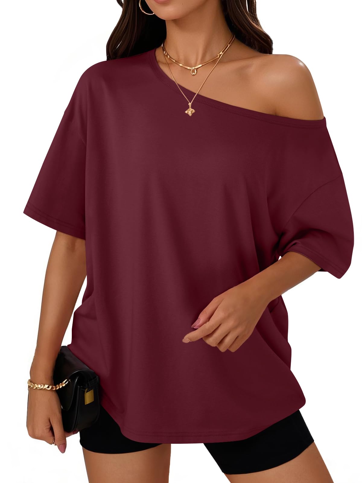 Womens Off the Shoulder Tops Oversized Summer T-Shirts 2026 | Breathable comfort stretch fabric, short sleeve, basic oversized tees, casual workout gym, y2k going out clothes