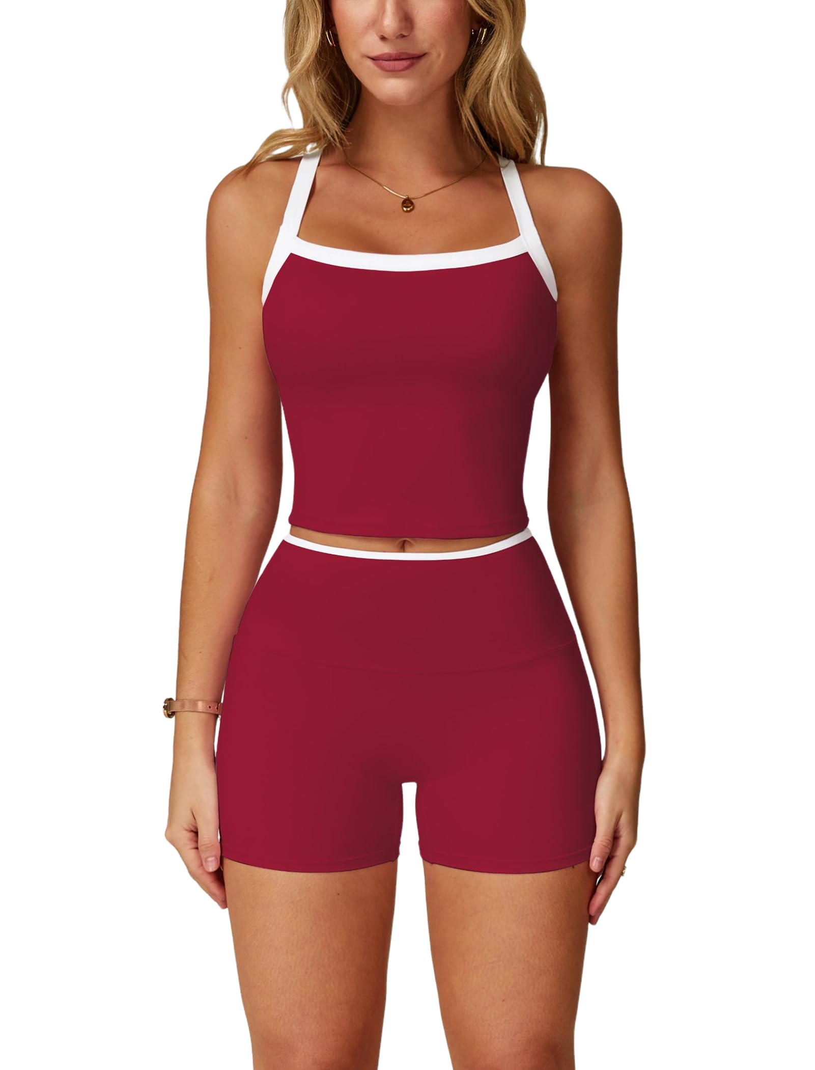 2 Pieces Workout Sets for Women, Cross Back Tank Top Matching High Waist Biker Shorts, Gym Yoga Pilates Outfits