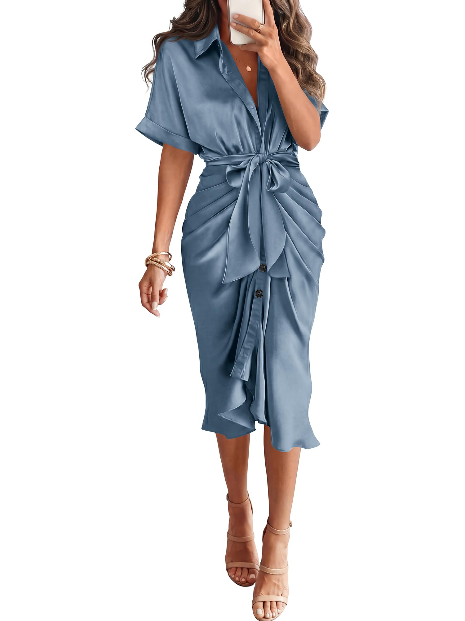 Dresses for Women Business Casual Outfits | Short Sleeve, Button Down, Lightweight, Silk Satin Dress, Ruched, Tie Waist, Cocktail, Party, Wedding Guest, Work Clothes