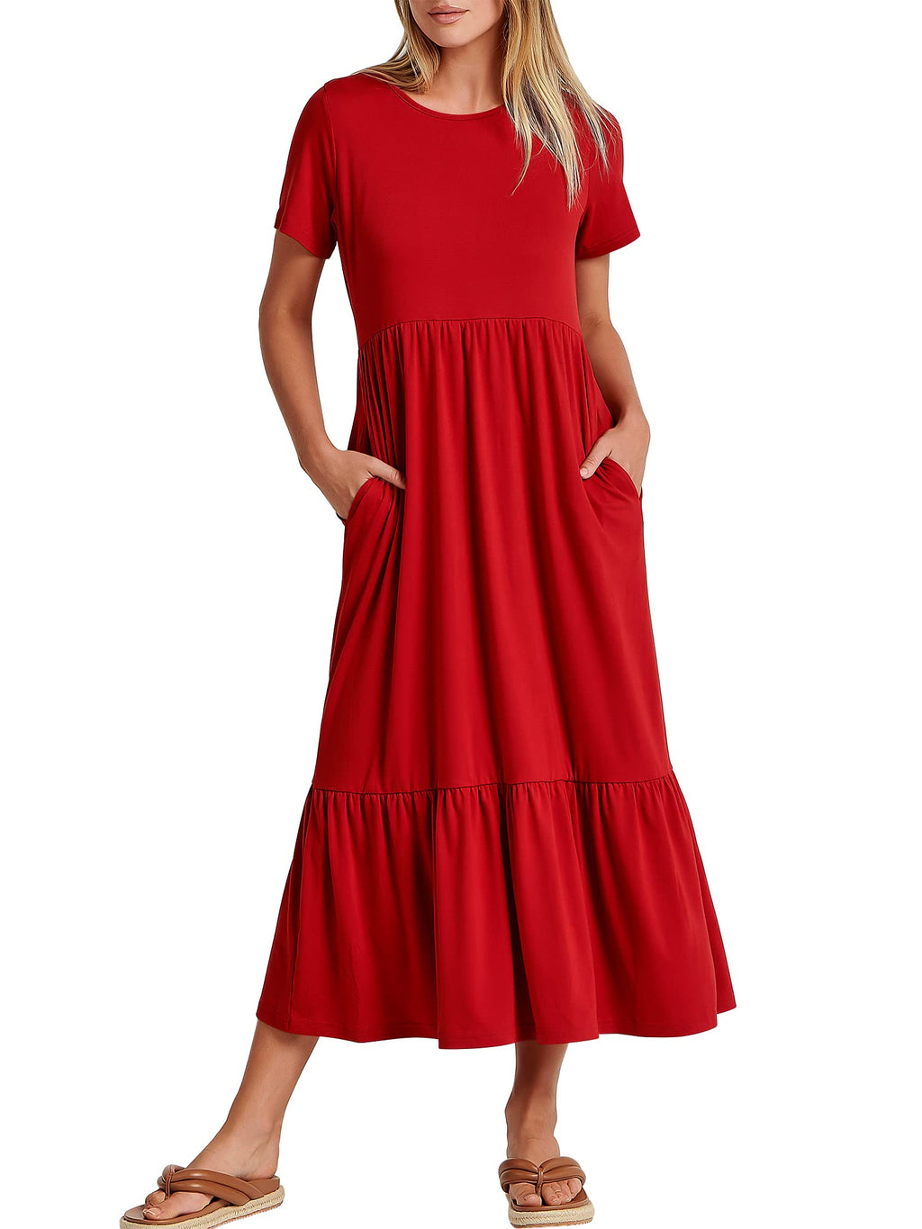 Womens 2026 Summer Casual Maxi Dress A line Tiered Flowy Short Sleeve Crewneck T Shirt Beach Travel Long Dresses