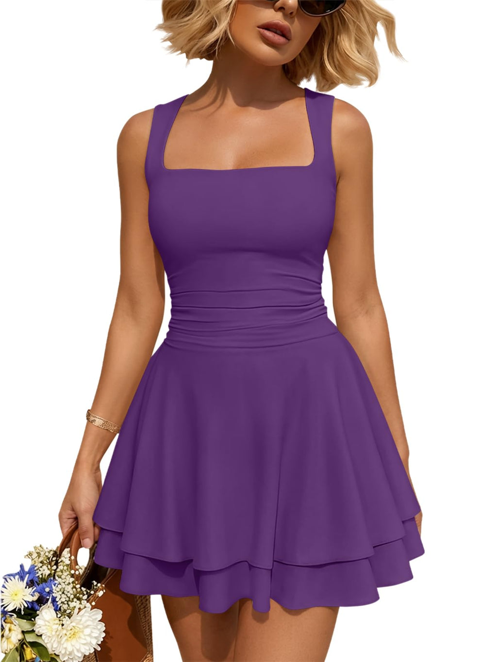 Women Mini Summer Party Homecoming Beach Vacation Sun Dresses | Birthday Square Neck Flowy Short Sundress, 2026 Cruise Outfits, Athletic Cute Clothes, Date Night Club Resort Wear