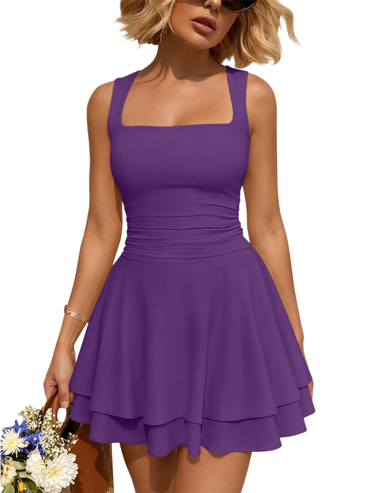 Women Mini Summer Party Homecoming Beach Vacation Sun Dresses | Birthday Square Neck Flowy Short Sundress, 2026 Cruise Outfits, Athletic Cute Clothes, Date Night Club Resort Wear