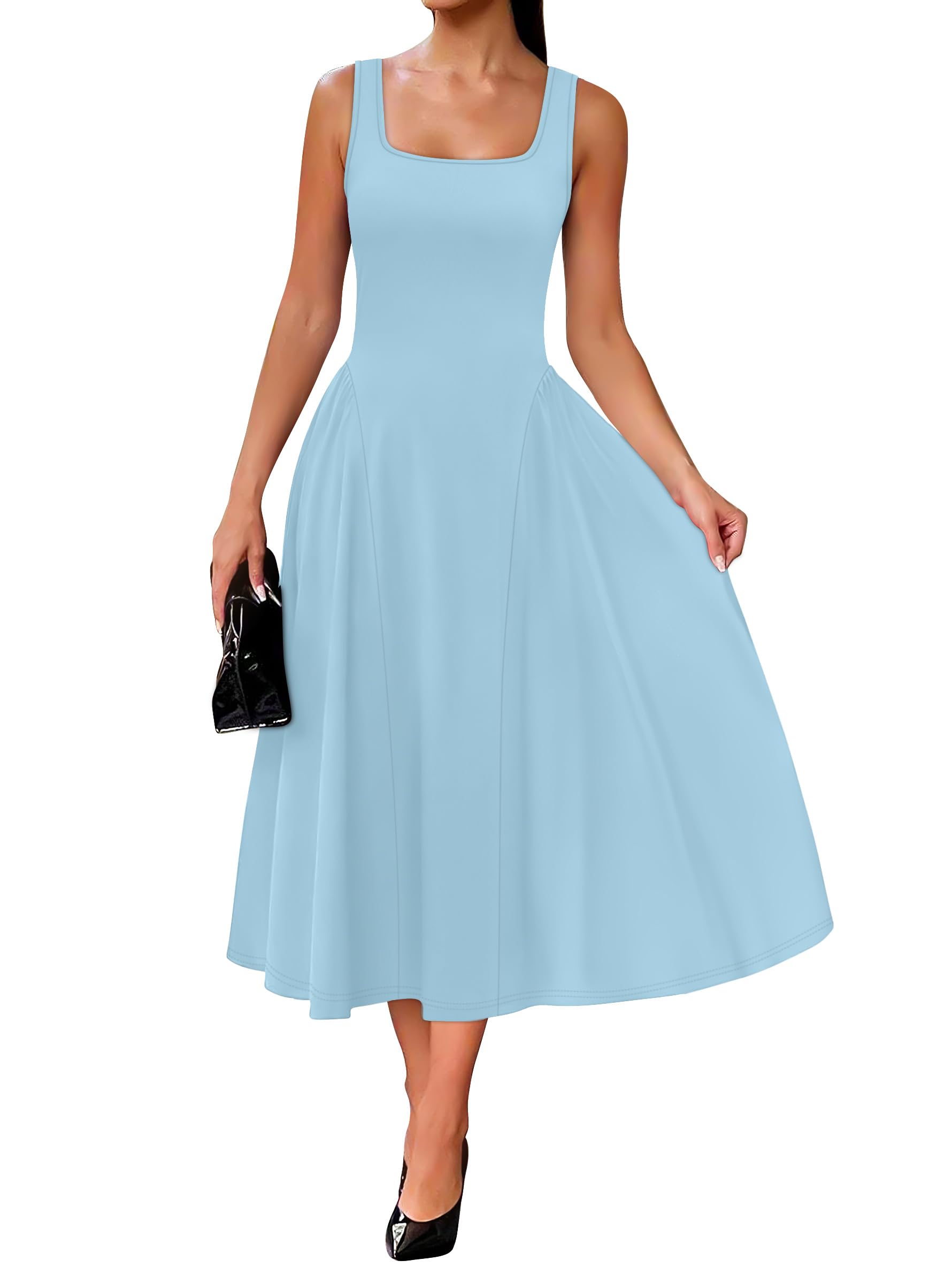 Summer Dresses for Women Square Neck Corset A Line Maxi Dress Ruffle Ruched Waist Flowy Outfits