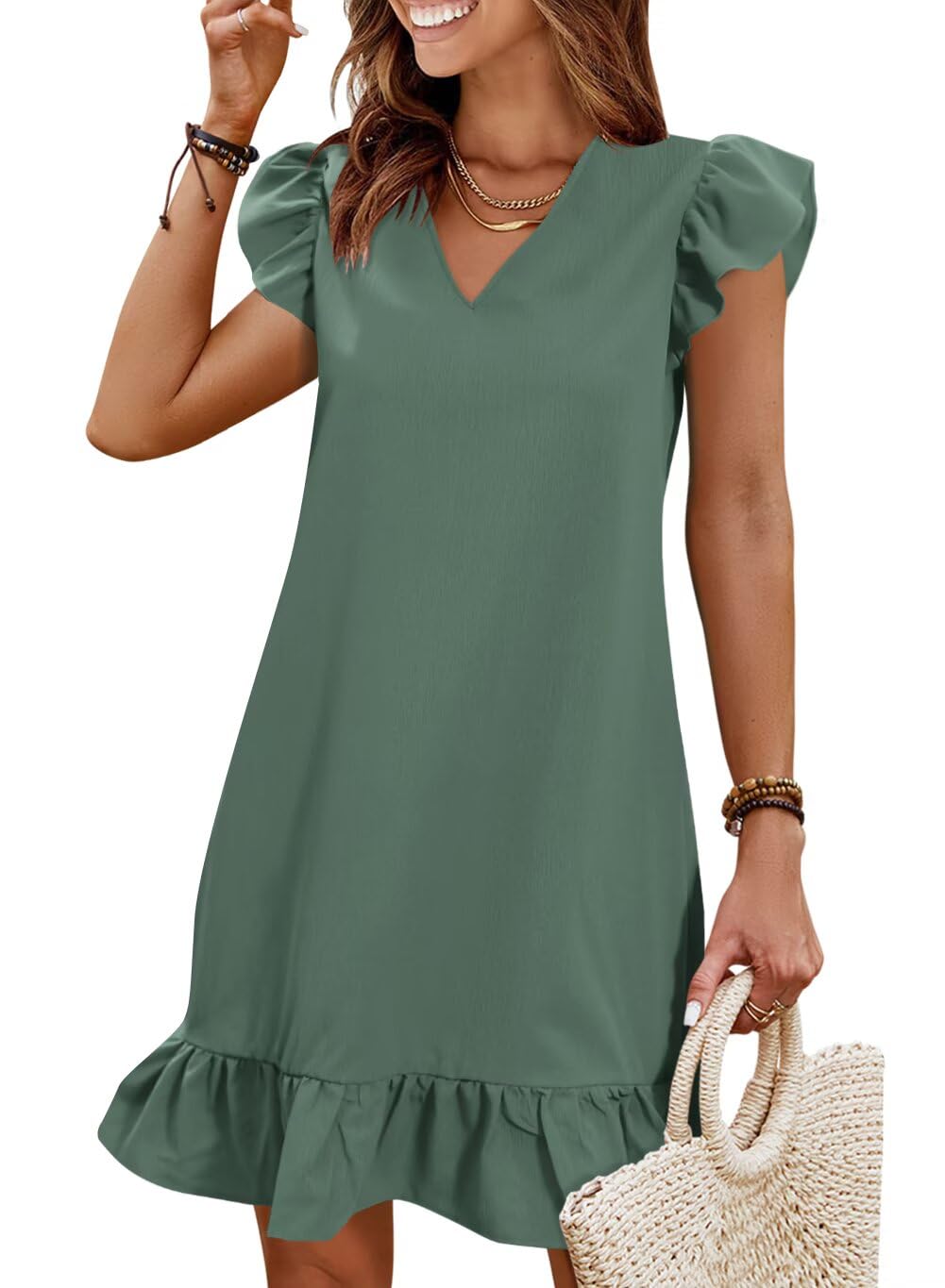 Summer Dresses for Women 2026 Beach Vacation Mini Sundress | Flutter Ruffle Cap Sleeves, V Neck, Ruffle Hem Shift Dress, Casual Loose Fit, Spring Wedding Guest Outfits