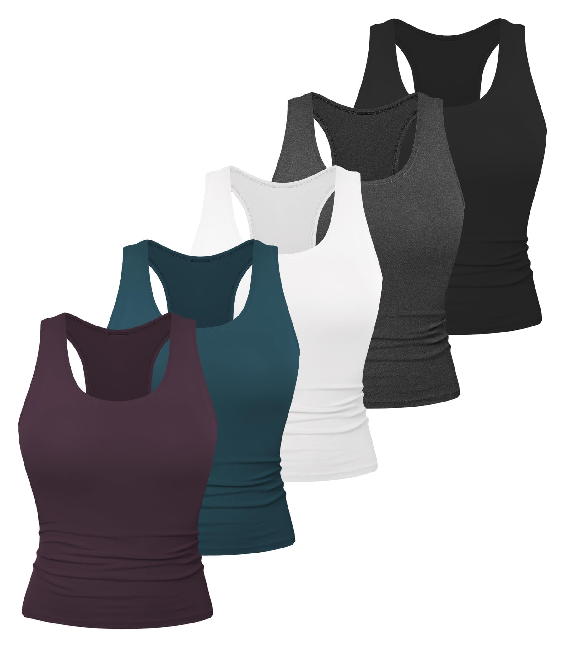 5 Pack Women's Workout Racerback Tank Tops No Built-in Bra | Fitted, Spandex, Yoga, Active, Exercise, Athletic, Running, Gym, Sports, Crop, Tops, for Women