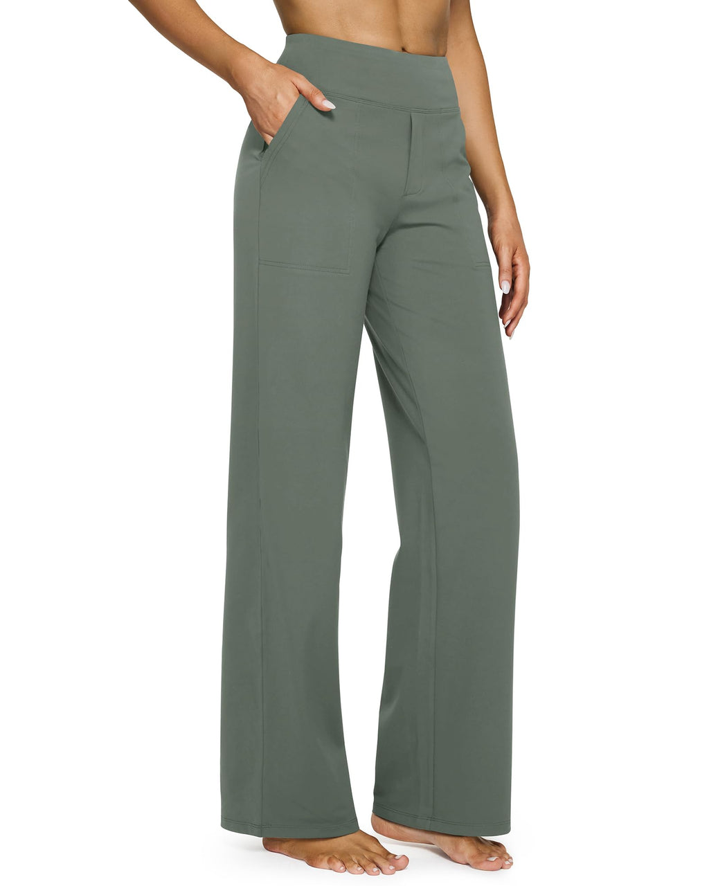 Yoga Pants for Women Wide Leg Pants with Pockets High Waisted | Moisture Wicking, Soft Comfortable Feel, 4-Way Stretch, Faux Fly, Faux Back Pockets, Yoga, Work & Casual Wear