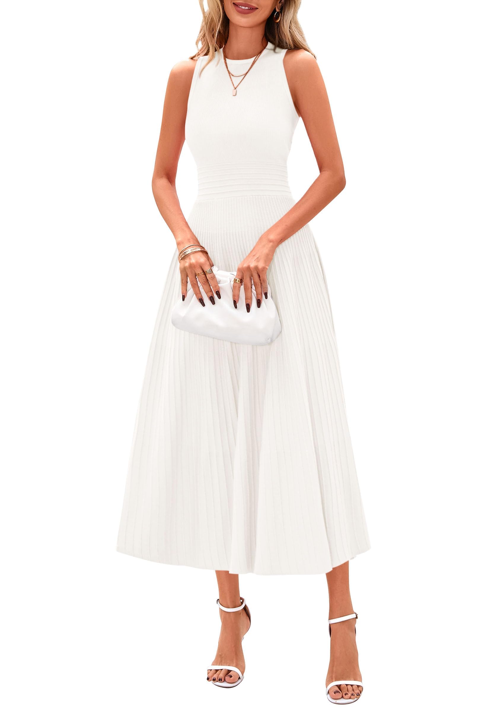 Women's Summer Pleated Midi Work Dress | Sleeveless A Line Knit Business Dresses, Spring Semi Formal Long Dress for Wedding Guest, Cocktail Party, Teacher Outfits