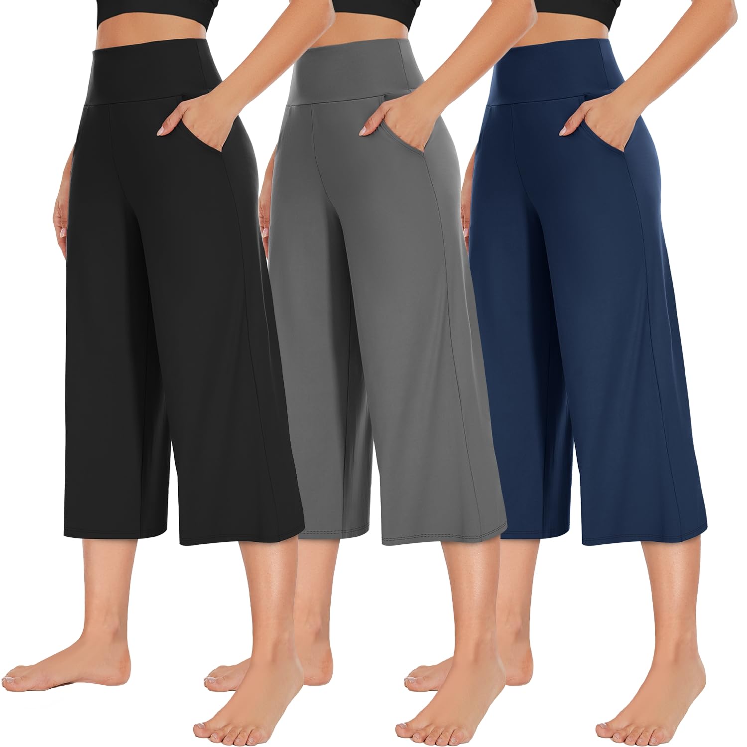 NEW Young 3 Pack Women's Wide Leg Pants with Pockets High Waist Loose Sweatpants Casual Lounge Yoga Workout Palazzo