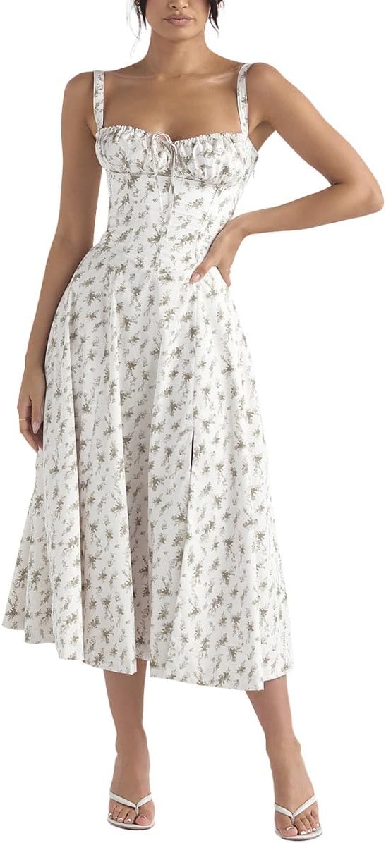 Women Floral Corset Dress Summer Dress 2026 Boho Flowy Slit Lace Up Midi Dresses Going Out A Line Casual Sundress