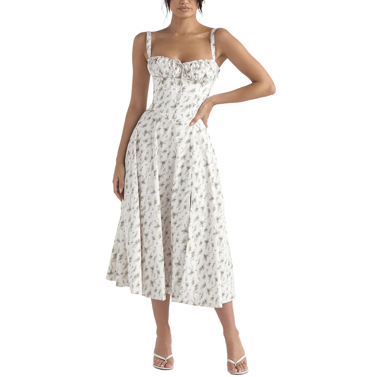 Women Floral Corset Dress Summer Dress 2026 Boho Flowy Slit Lace Up Midi Dresses Going Out A Line Casual Sundress
