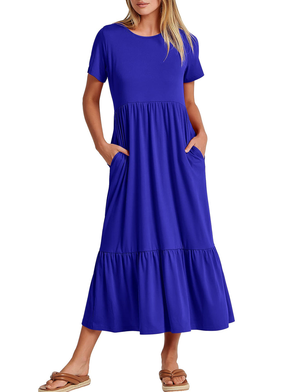 Womens 2026 Summer Casual Maxi Dress A line Tiered Flowy Short Sleeve Crewneck T Shirt Beach Travel Long Dresses