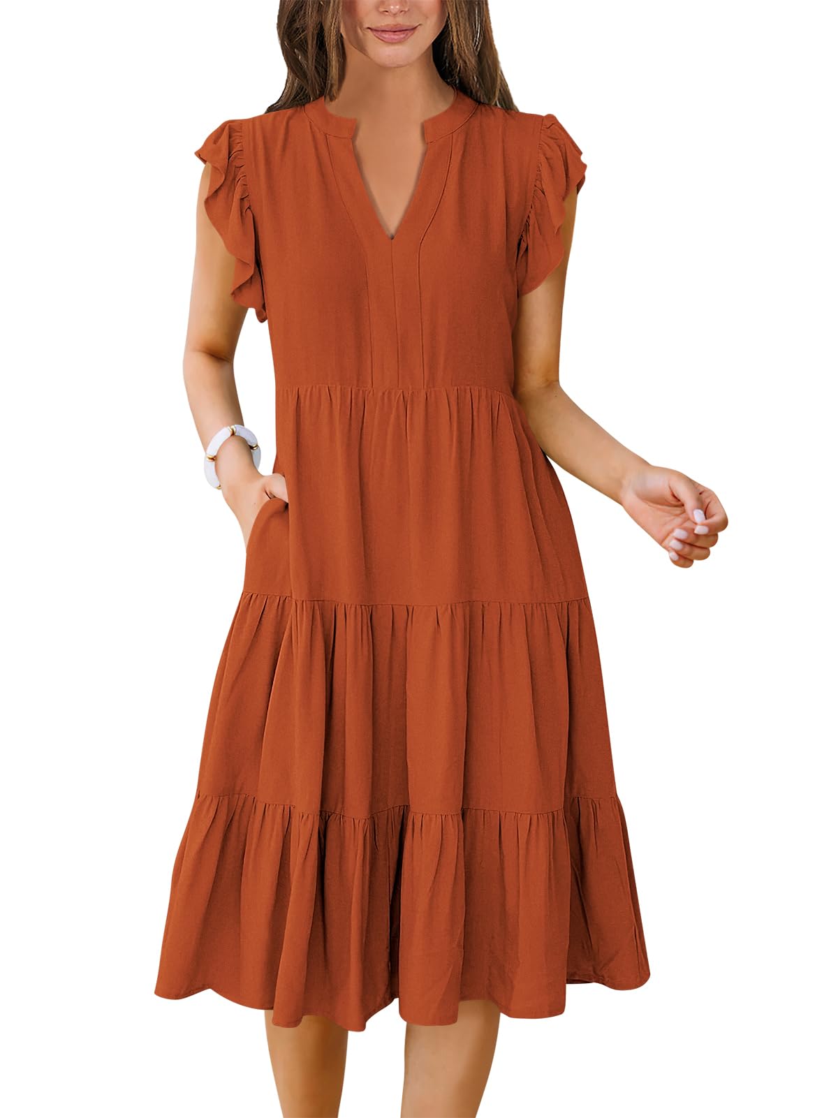 Womens Summer Dress Ruffle Sleeve V Neck Midi Dresses Fashion Casual Fit Flowy Tiered Boho Beach Vacation Sundress