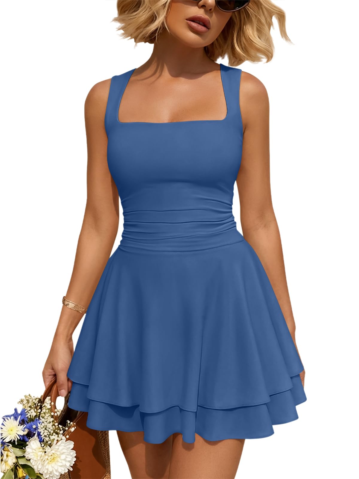 Women Mini Summer Party Homecoming Beach Vacation Sun Dresses | Birthday Square Neck Flowy Short Sundress, 2026 Cruise Outfits, Athletic Cute Clothes, Date Night Club Resort Wear