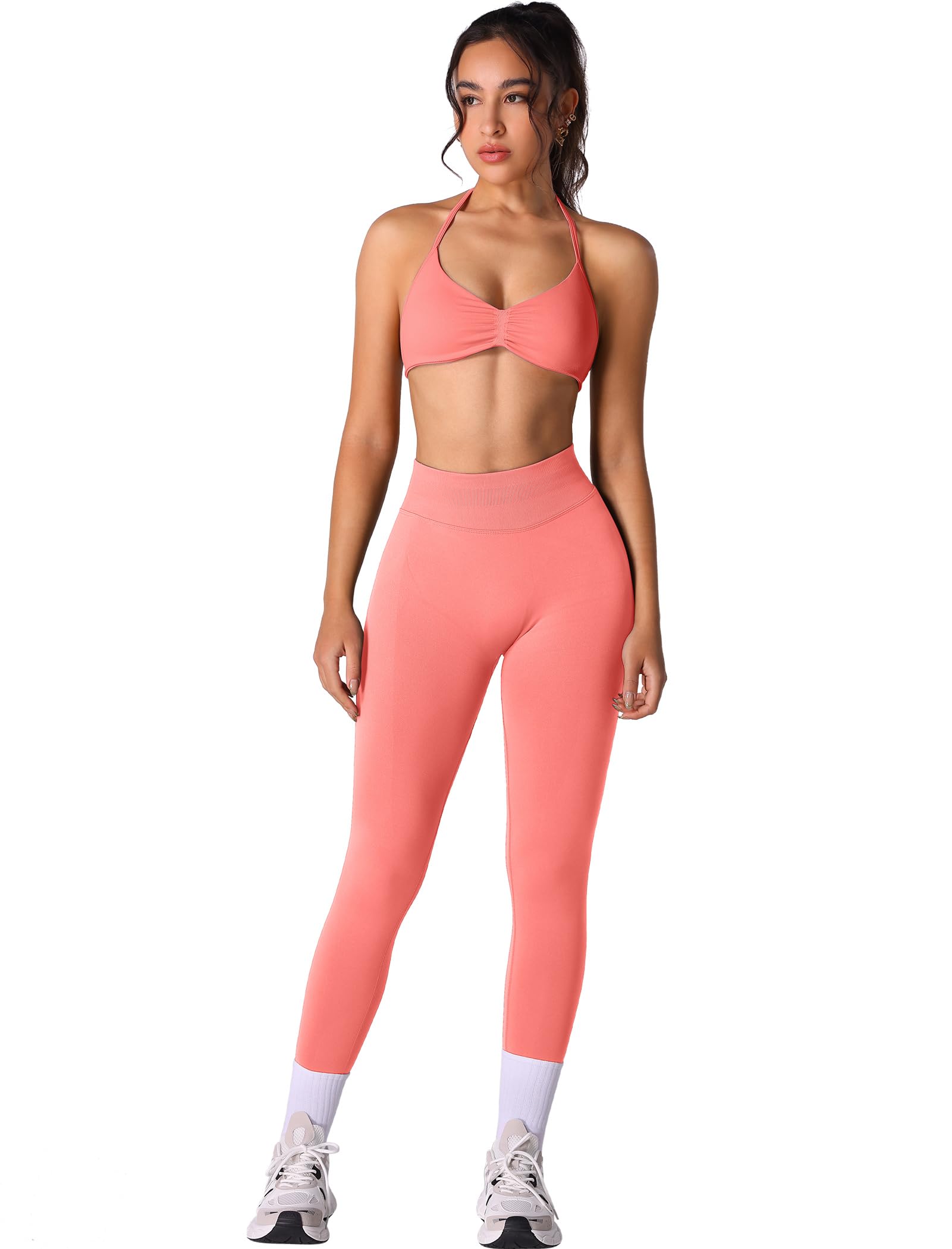 Workout Sets for Women 2 Piece Seamless Halter Sports Bra Scrunch Butt High Waist Leggings Gym Yoga Outfits