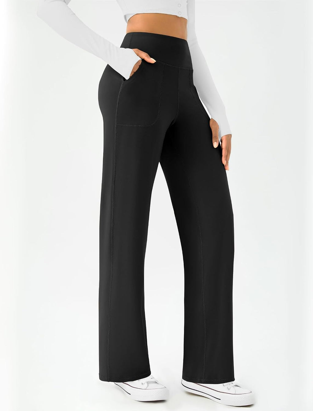 Womens Wide Leg Yoga Pants High Waist Casual Trousers with Pockets | Soft Stretchy Fabric, Two Pockets, Straight leg, Loose Dress Pants, Comfy Lounge Sweatpants for Yoga, Work, Travel, Workout