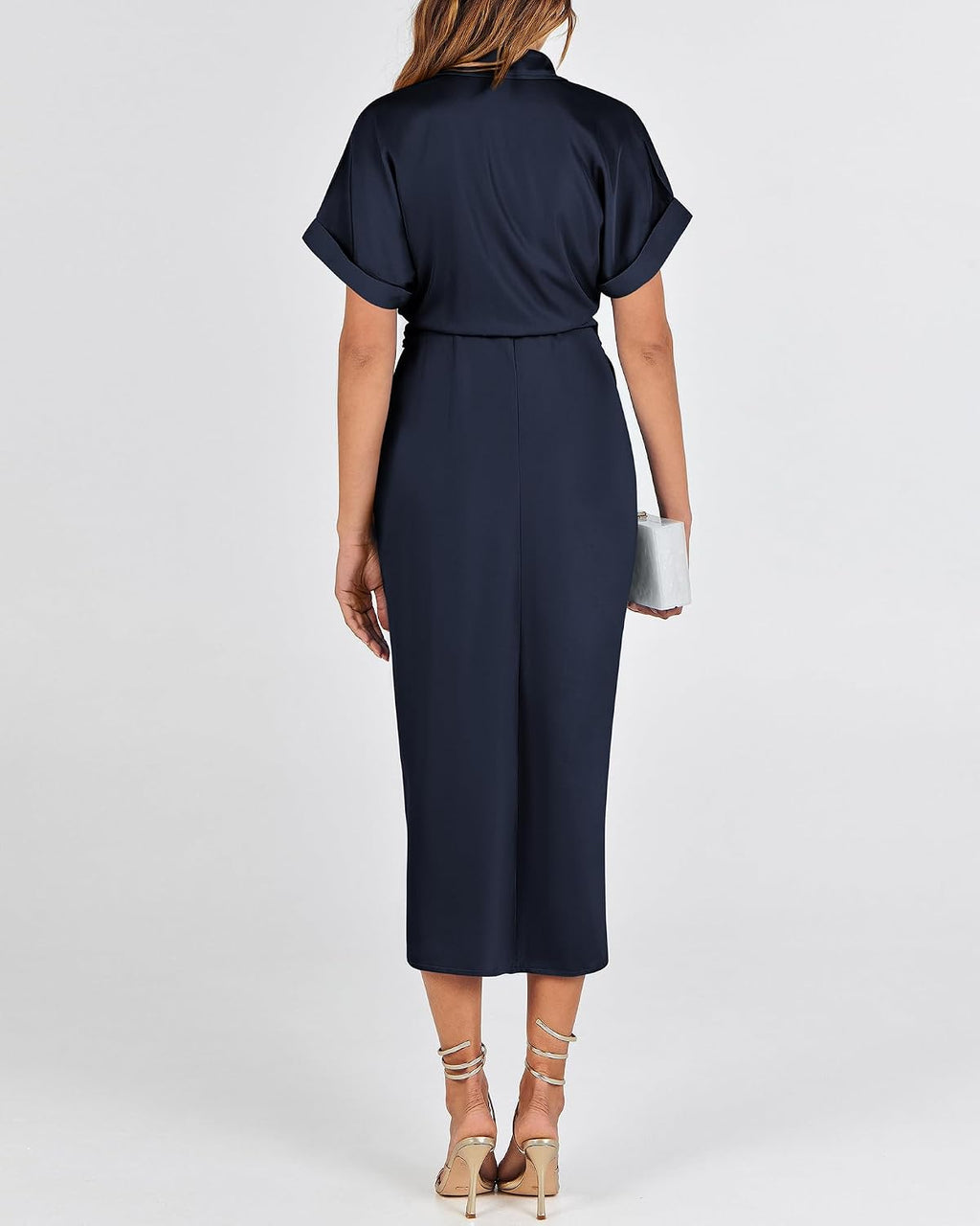 Dresses for Women Business Casual Outfits | Short Sleeve, Button Down, Lightweight, Silk Satin Dress, Ruched, Tie Waist, Cocktail, Party, Wedding Guest, Work Clothes