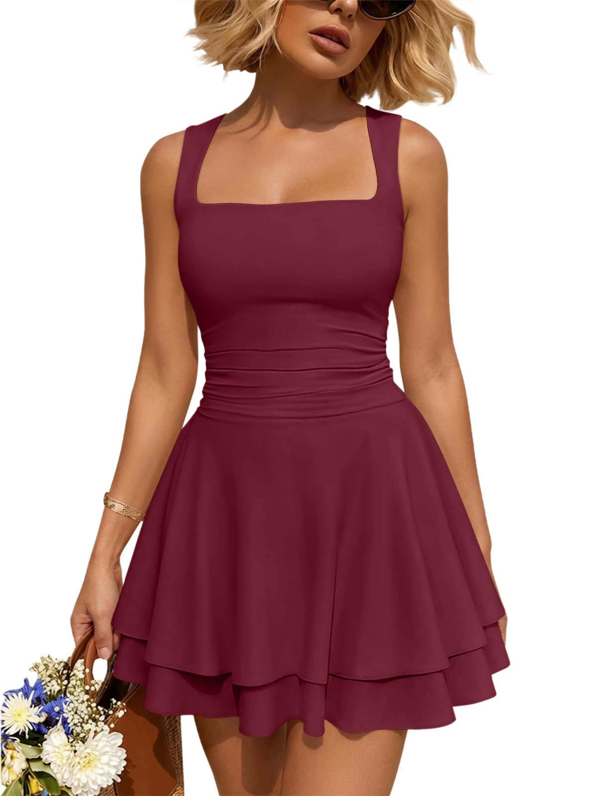 Women Mini Summer Party Homecoming Beach Vacation Sun Dresses | Birthday Square Neck Flowy Short Sundress, 2026 Cruise Outfits, Athletic Cute Clothes, Date Night Club Resort Wear