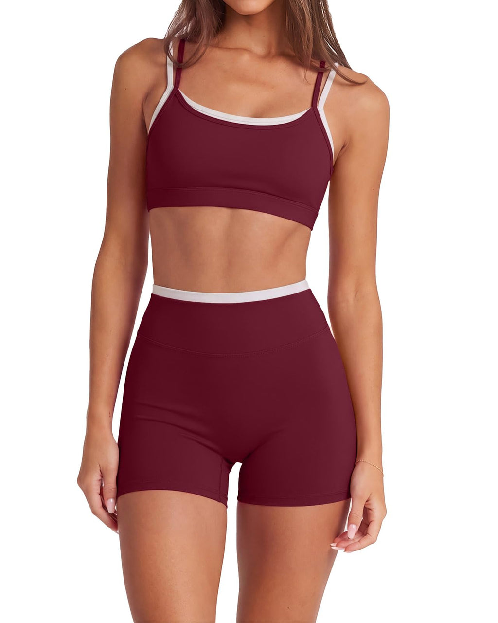 2 Piece Workout Sets Layered Sports Bra Yoga Gym Biker Shorts