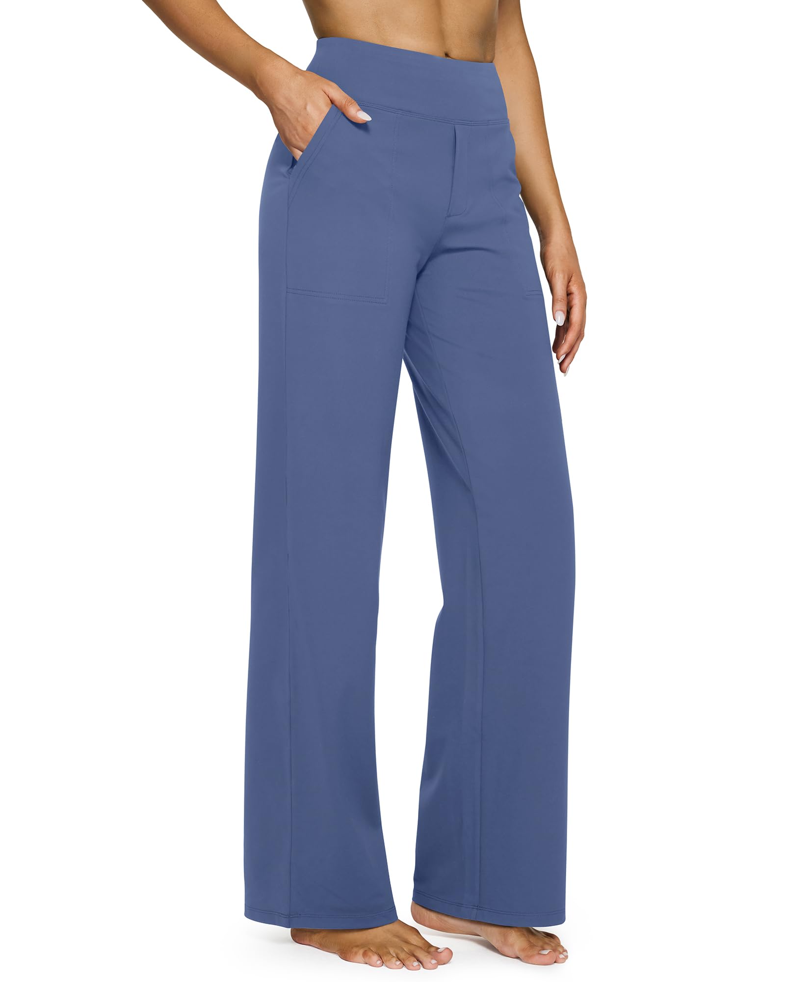 Yoga Pants for Women Wide Leg Pants with Pockets High Waisted | Moisture Wicking, Soft Comfortable Feel, 4-Way Stretch, Faux Fly, Faux Back Pockets, Yoga, Work & Casual Wear