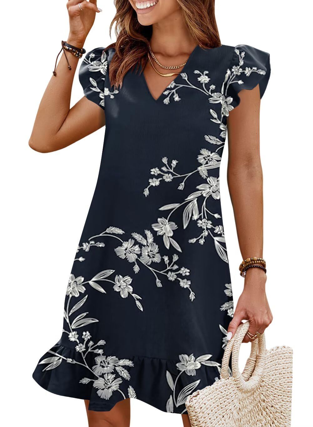 Summer Dresses for Women 2026 Beach Vacation Mini Sundress | Flutter Ruffle Cap Sleeves, V Neck, Ruffle Hem Shift Dress, Casual Loose Fit, Spring Wedding Guest Outfits