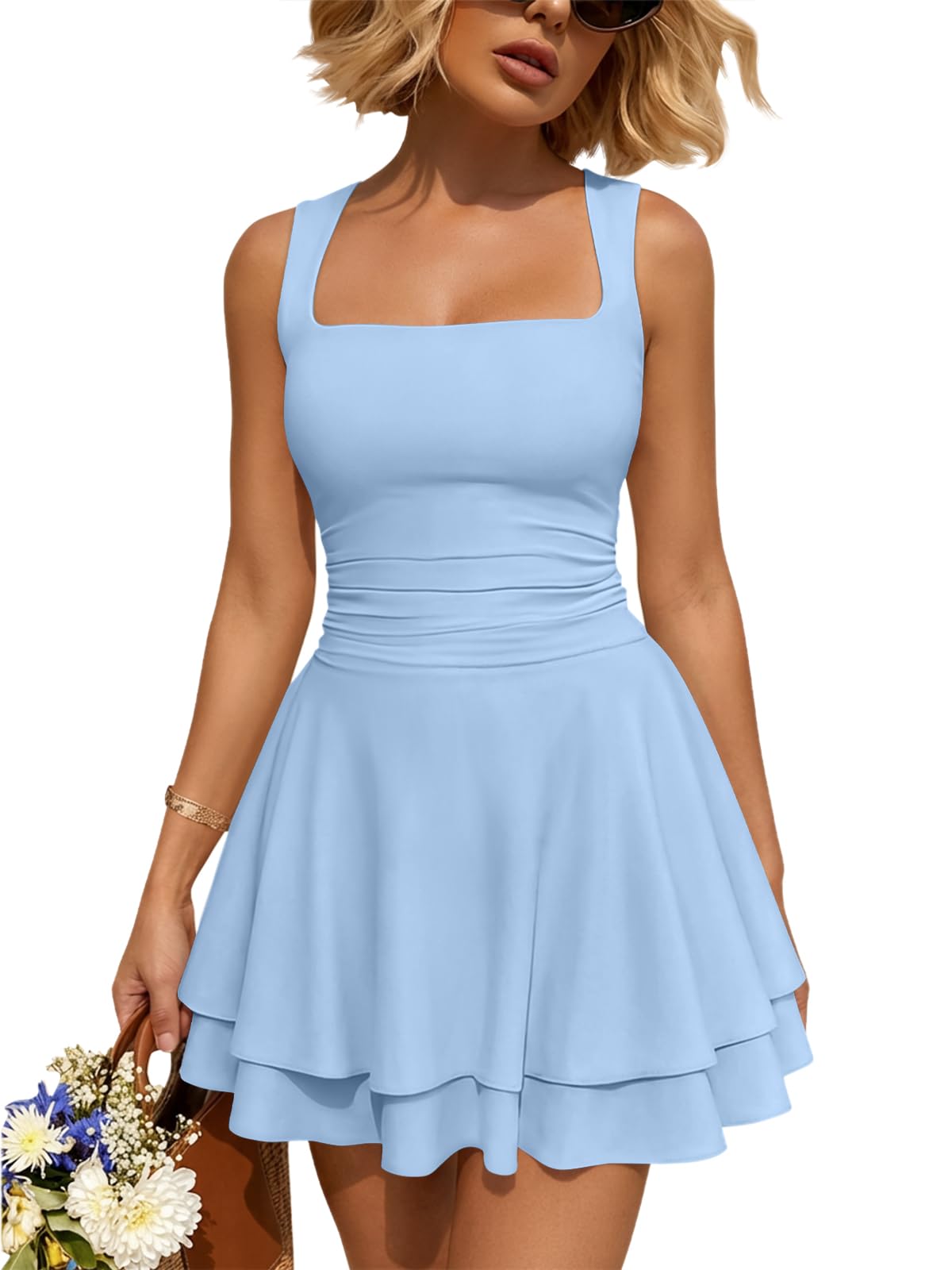 Women Mini Summer Party Homecoming Beach Vacation Sun Dresses | Birthday Square Neck Flowy Short Sundress, 2026 Cruise Outfits, Athletic Cute Clothes, Date Night Club Resort Wear