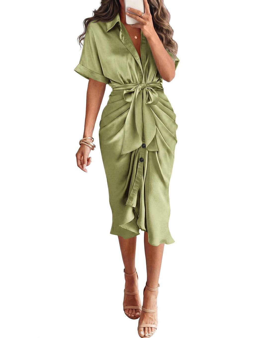 Dresses for Women Business Casual Outfits | Short Sleeve, Button Down, Lightweight, Silk Satin Dress, Ruched, Tie Waist, Cocktail, Party, Wedding Guest, Work Clothes