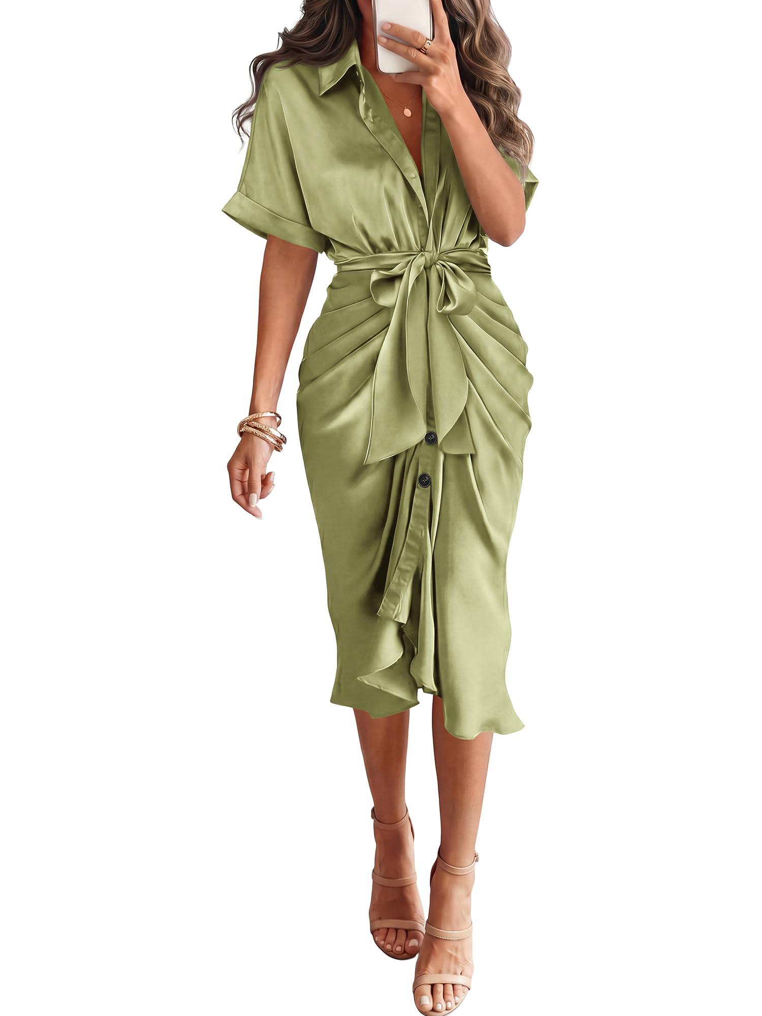 Dresses for Women Business Casual Outfits | Short Sleeve, Button Down, Lightweight, Silk Satin Dress, Ruched, Tie Waist, Cocktail, Party, Wedding Guest, Work Clothes
