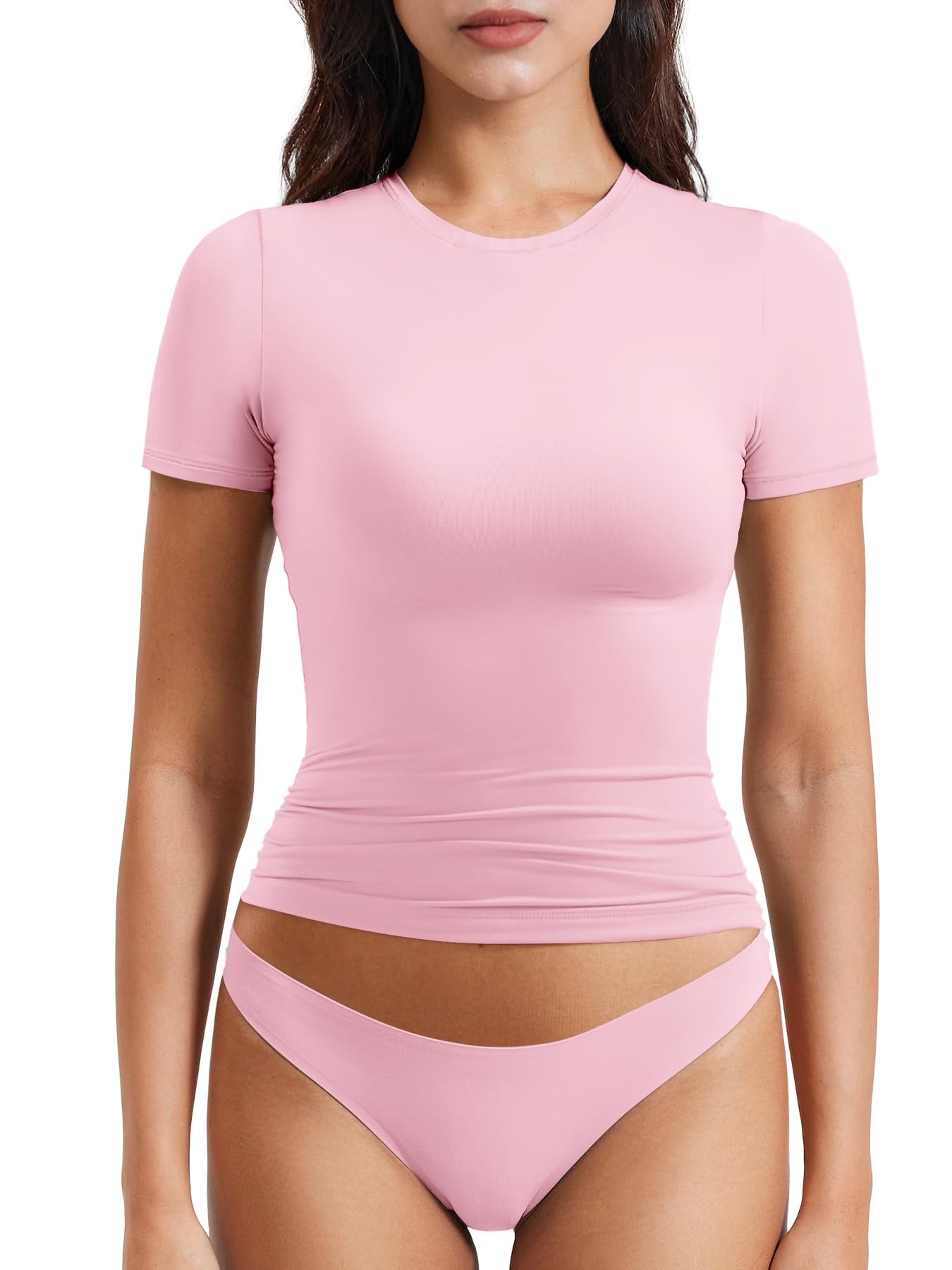 Women Fitted Workout Tops | T Shirts, Short Sleeve, Double Lined, Basic, Y2K, Crew Neck, Buttery Soft,Compression Crop