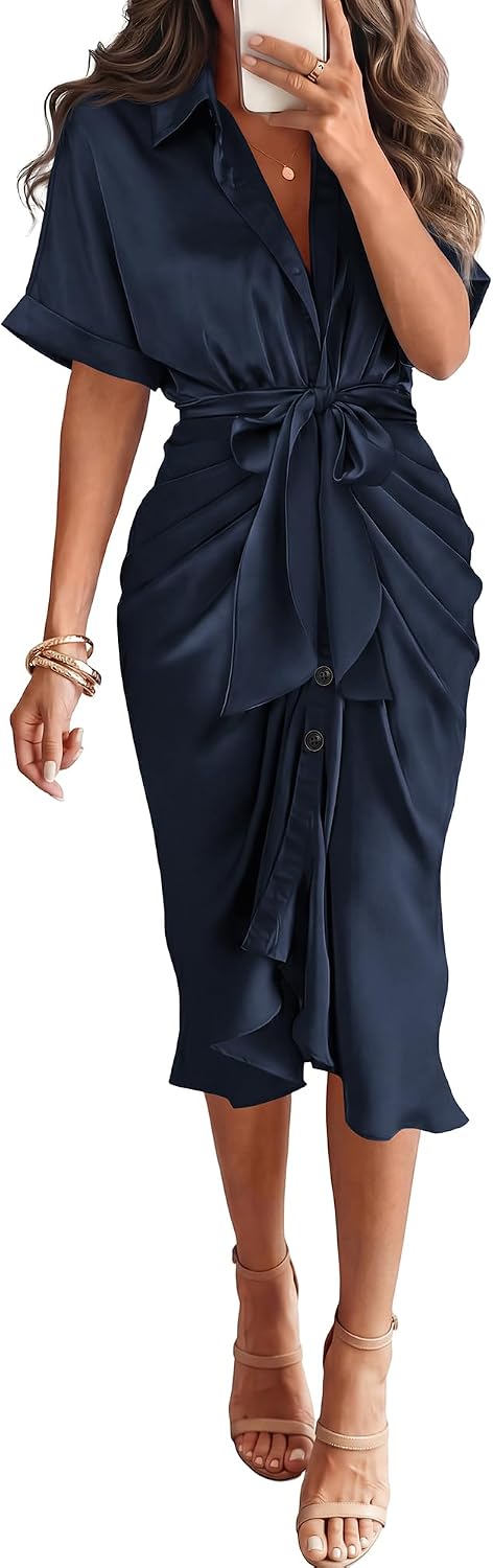Dresses for Women Business Casual Outfits | Short Sleeve, Button Down, Lightweight, Silk Satin Dress, Ruched, Tie Waist, Cocktail, Party, Wedding Guest, Work Clothes
