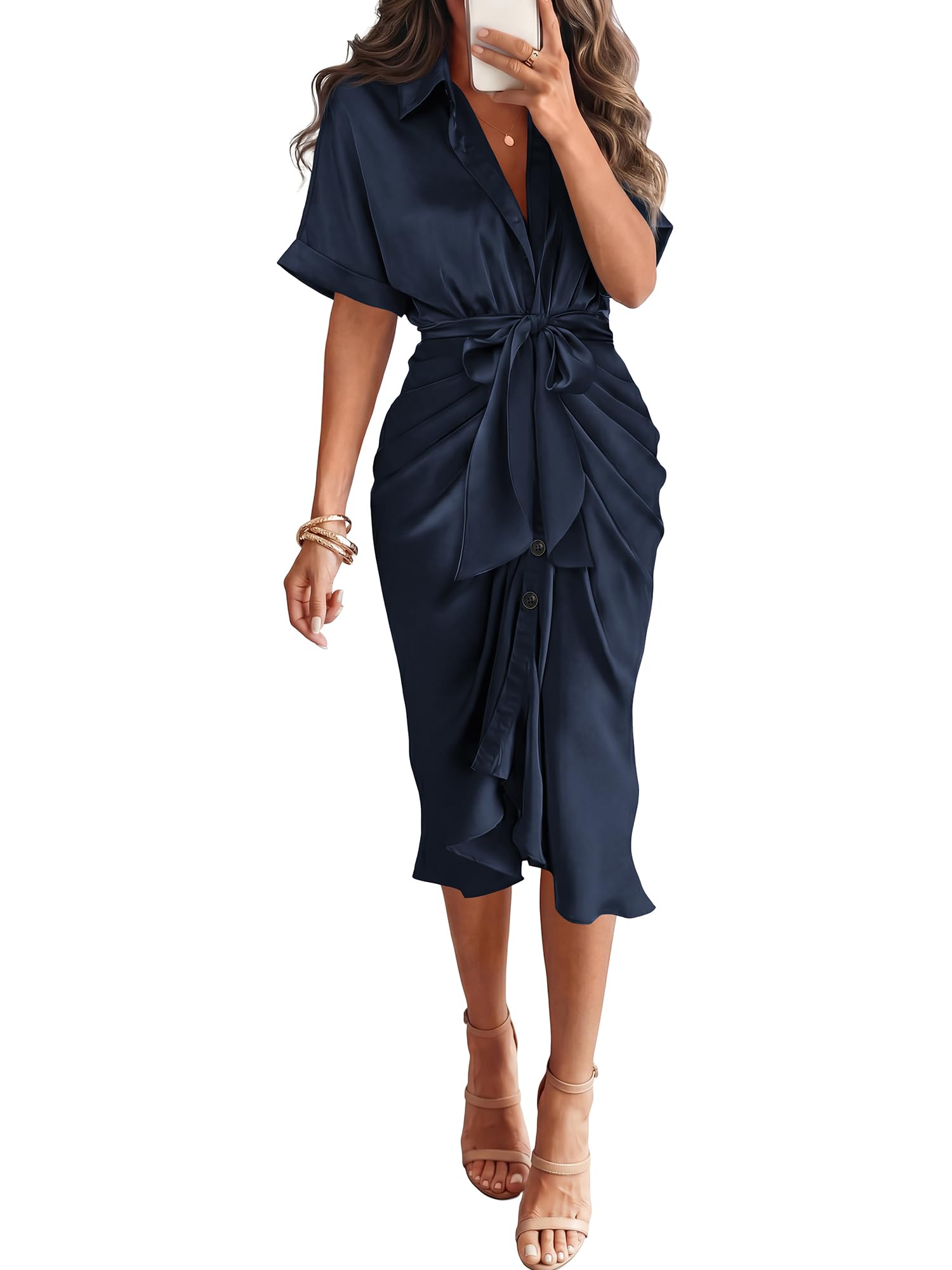 Dresses for Women Business Casual Outfits | Short Sleeve, Button Down, Lightweight, Silk Satin Dress, Ruched, Tie Waist, Cocktail, Party, Wedding Guest, Work Clothes