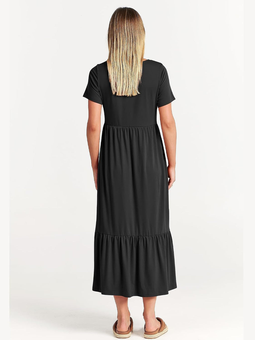 Womens 2026 Summer Casual Maxi Dress A line Tiered Flowy Short Sleeve Crewneck T Shirt Beach Travel Long Dresses