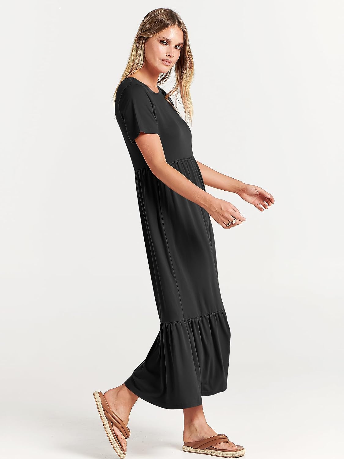 Womens 2026 Summer Casual Maxi Dress A line Tiered Flowy Short Sleeve Crewneck T Shirt Beach Travel Long Dresses