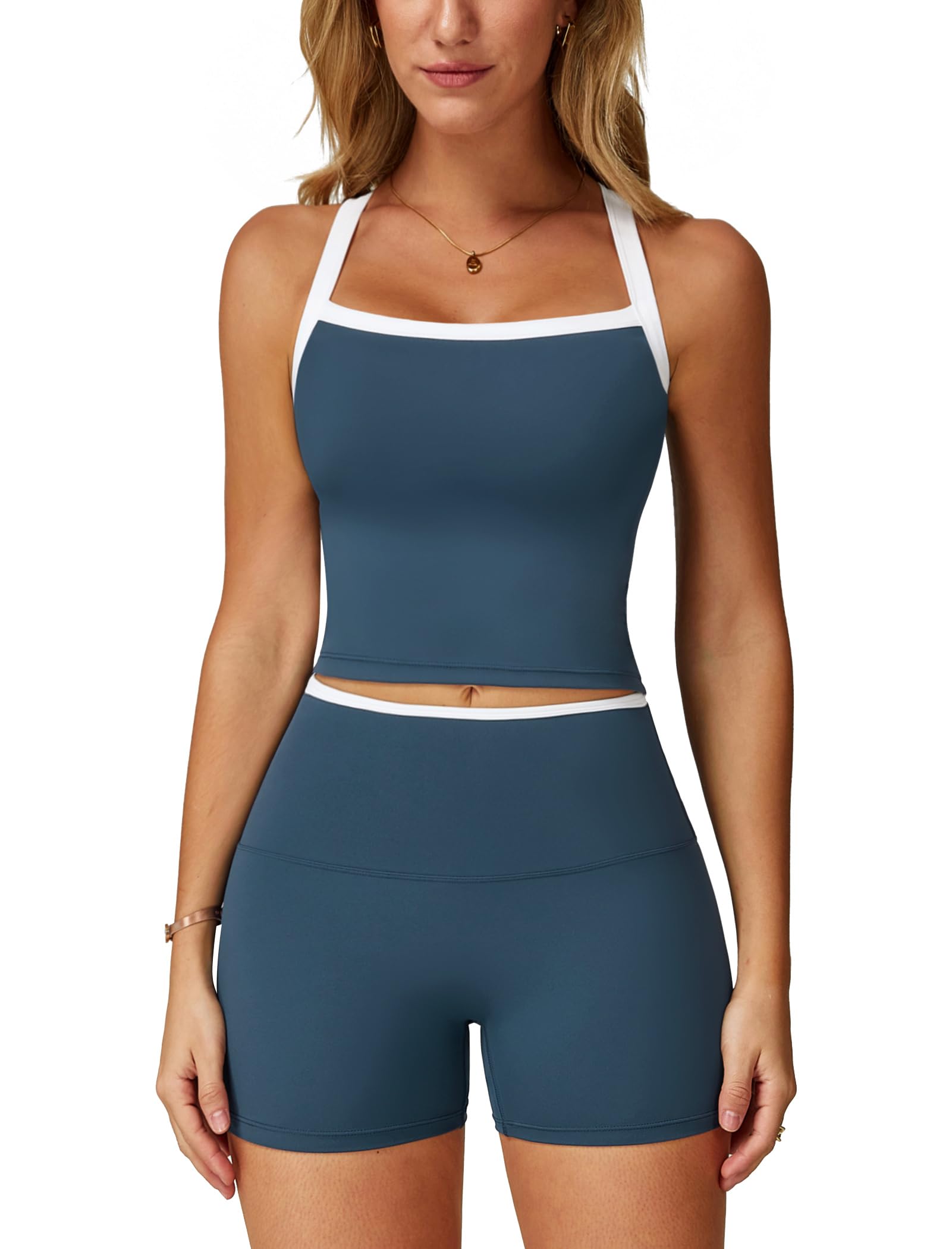2 Pieces Workout Sets for Women, Cross Back Tank Top Matching High Waist Biker Shorts, Gym Yoga Pilates Outfits