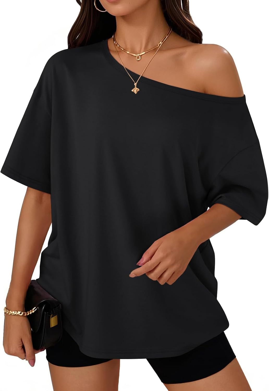Womens Off the Shoulder Tops Oversized Summer T-Shirts 2026 | Breathable comfort stretch fabric, short sleeve, basic oversized tees, casual workout gym, y2k going out clothes