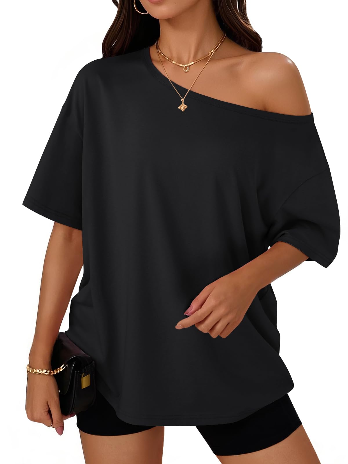 Womens Off the Shoulder Tops Oversized Summer T-Shirts 2026 | Breathable comfort stretch fabric, short sleeve, basic oversized tees, casual workout gym, y2k going out clothes