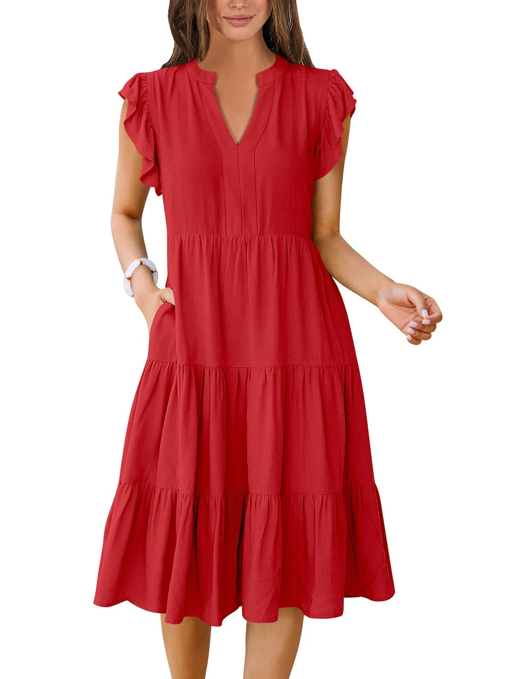 Womens Summer Dress Ruffle Sleeve V Neck Midi Dresses Fashion Casual Fit Flowy Tiered Boho Beach Vacation Sundress