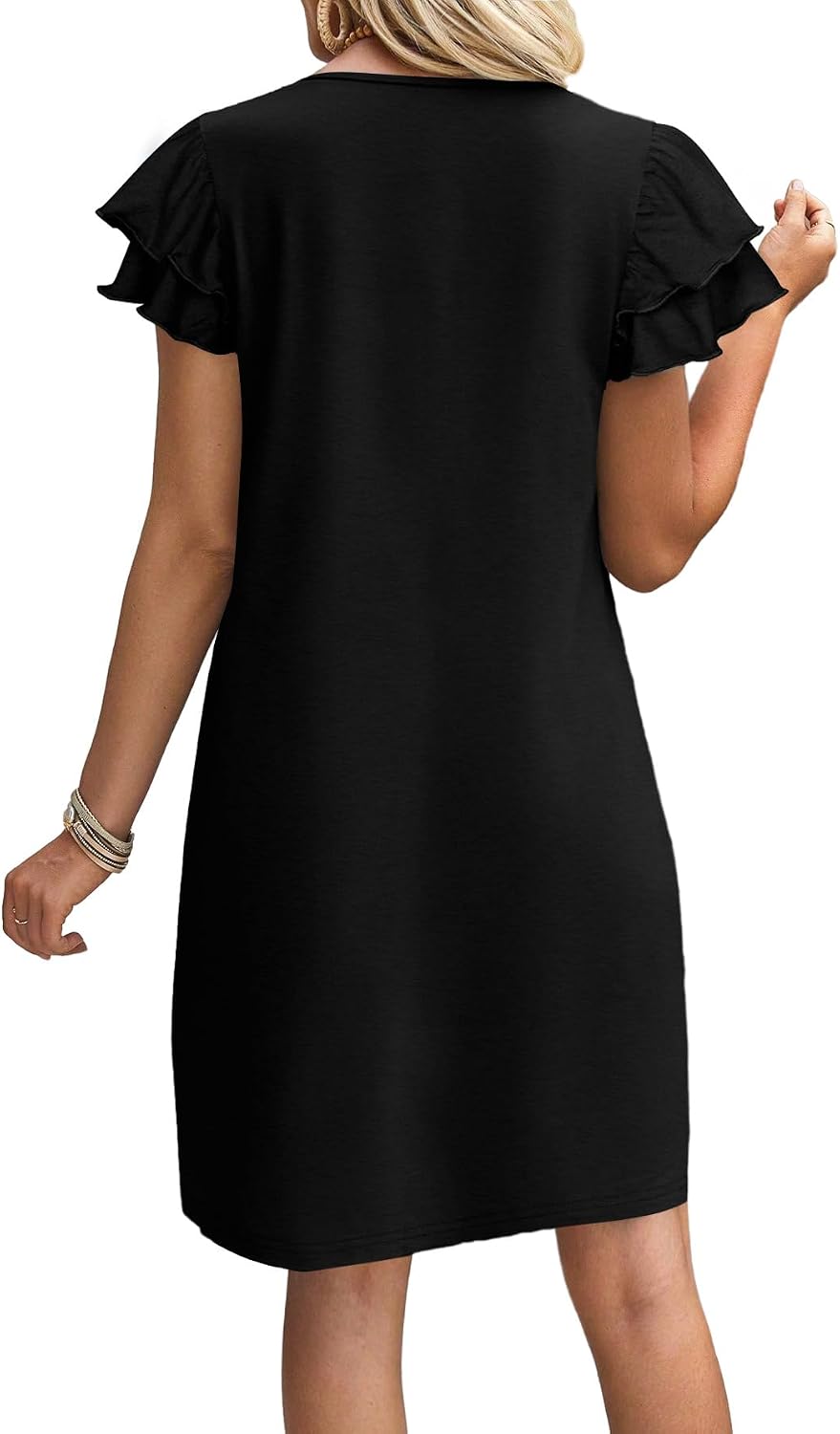 Womens Summer Dresses 2026 Ruffle Sleeve Round Neck Loose Swing Sundresses with Pockets Plain/Print