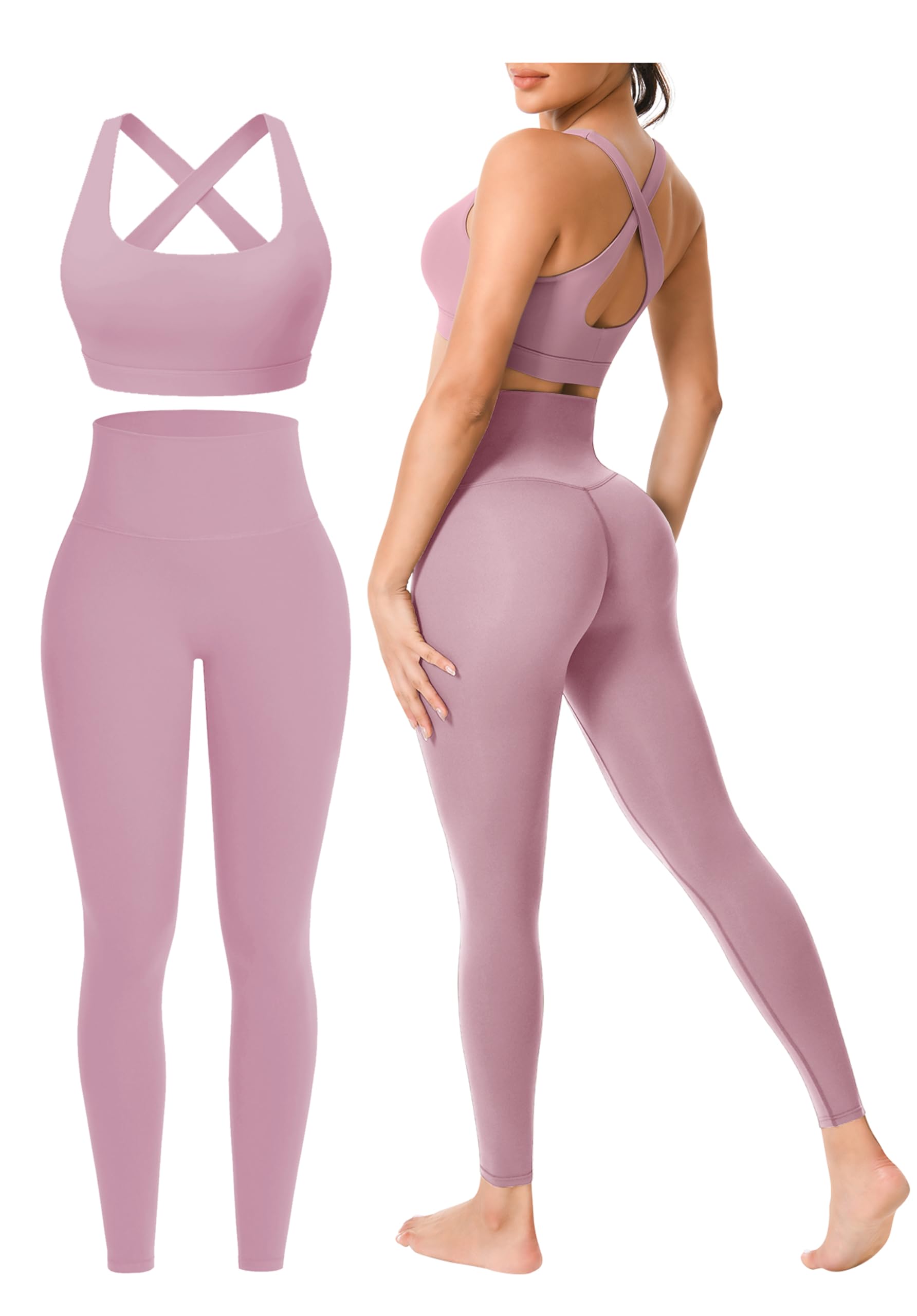 Workout Sets for Women 2 Pieces Seamless Yoga Legging Removable Bra Padding | Two Piece High-Waisted Butter Soft Activewear Plus Size Clothing Deportivo Para Mujer, Sports Supportive Cute Casual Clothes