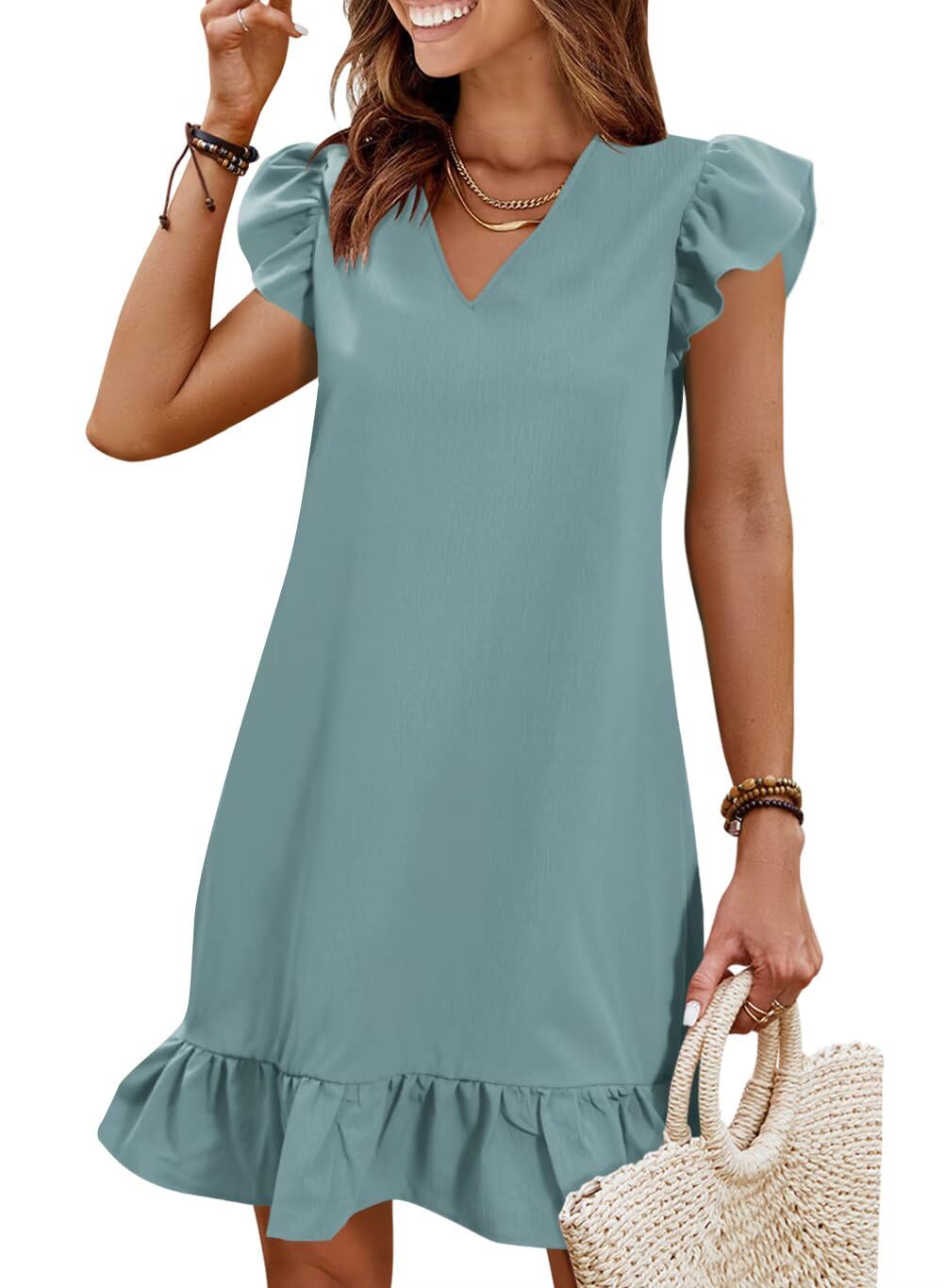 Summer Dresses for Women 2026 Beach Vacation Mini Sundress | Flutter Ruffle Cap Sleeves, V Neck, Ruffle Hem Shift Dress, Casual Loose Fit, Spring Wedding Guest Outfits