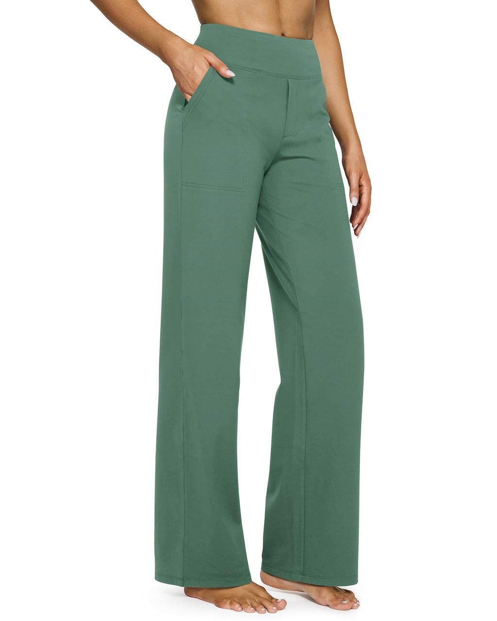 Yoga Pants for Women Wide Leg Pants with Pockets High Waisted | Moisture Wicking, Soft Comfortable Feel, 4-Way Stretch, Faux Fly, Faux Back Pockets, Yoga, Work & Casual Wear