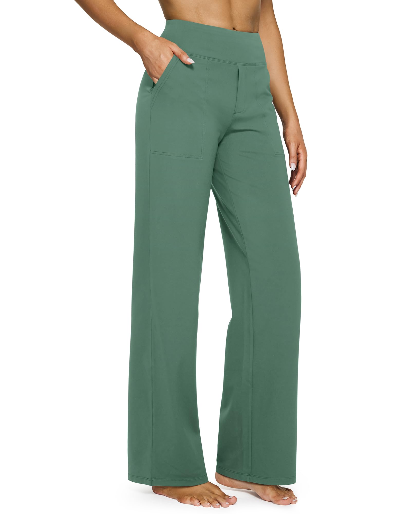 Yoga Pants for Women Wide Leg Pants with Pockets High Waisted | Moisture Wicking, Soft Comfortable Feel, 4-Way Stretch, Faux Fly, Faux Back Pockets, Yoga, Work & Casual Wear