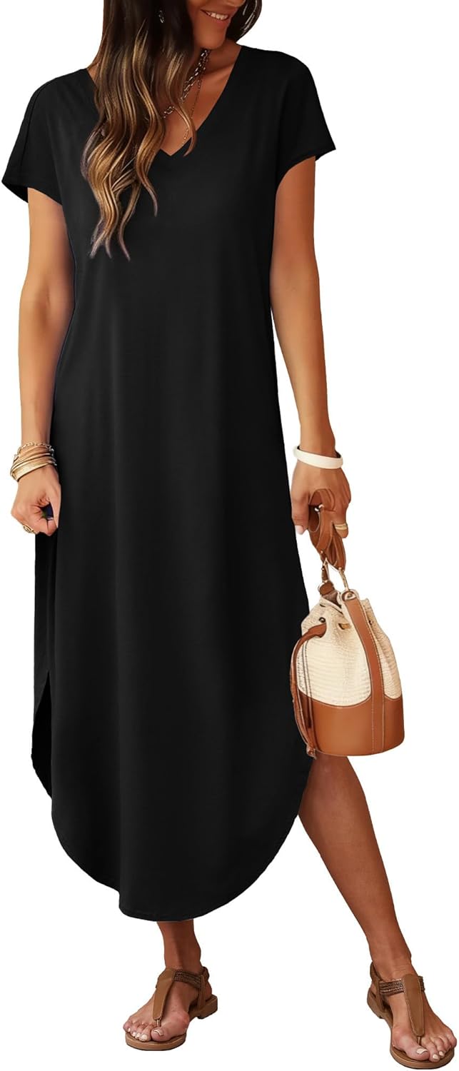 Summer Maxi Dresses for Women Cap Sleeve Long Sundress with Pockets | Casual Tshirt Dress- Vacation Outfits